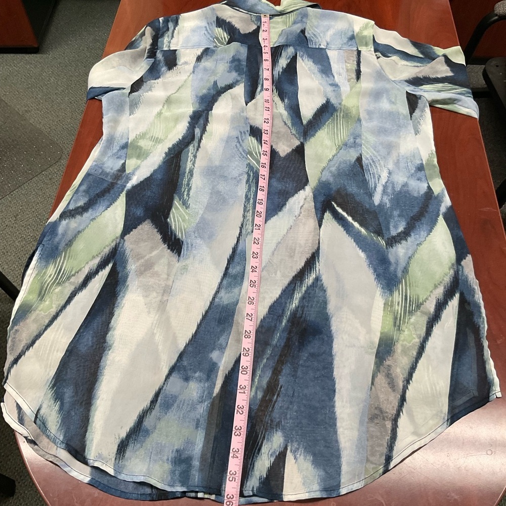 Chico's Bliss Annika Sheer Tunic Abstract Print Blouse Blue Sz 12 (M) Chico’s 2) - Picture 7 of 10